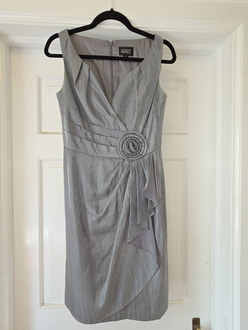 Adriana Papell shimmery silver faux wrap dress sz 4